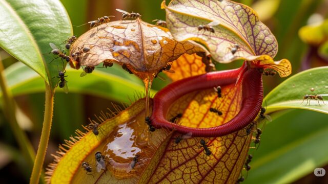 捕虫袋が破れて甘い液体が漏れ出し、アリやショウジョウバエが集まっている食虫植物のクローズアップ。