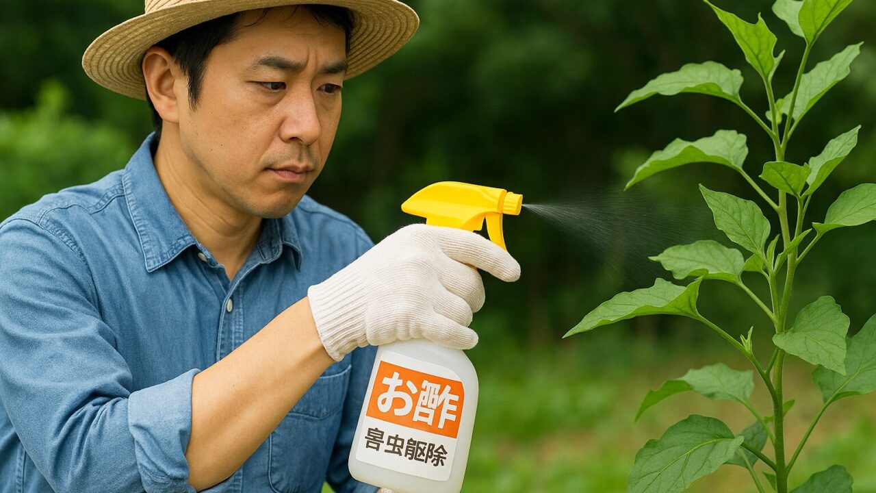 日本人の男性が畑でお酢を使った害虫駆除スプレーを植物の葉に散布している様子。