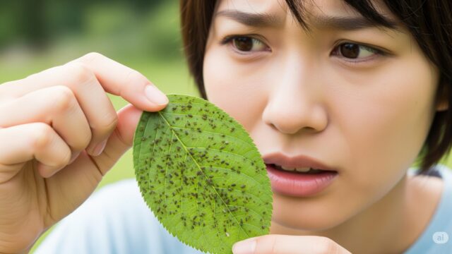 心配そうな表情で、アブラムシのついた葉を見つめている人物。