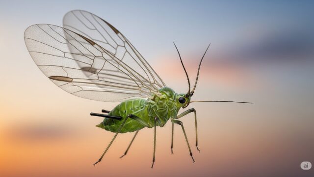羽を持ち、長距離移動をする有翅型のアブラムシの画像。