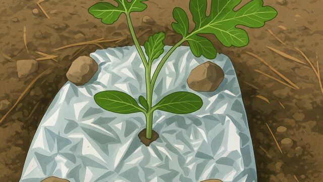 このイラストは、スイカの苗を害虫から守るためにアルミホイルで覆い、石で固定した様子を描いています。銀色の反射が害虫忌避効果を発揮し、健やかな生育を助ける農業の工夫を示しています。