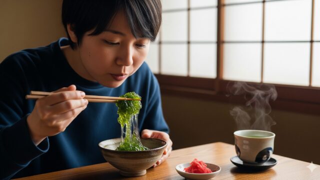 茶碗に入ったイシクラゲを箸で食べる、短く暗い髪の若い日本人女性の写真。