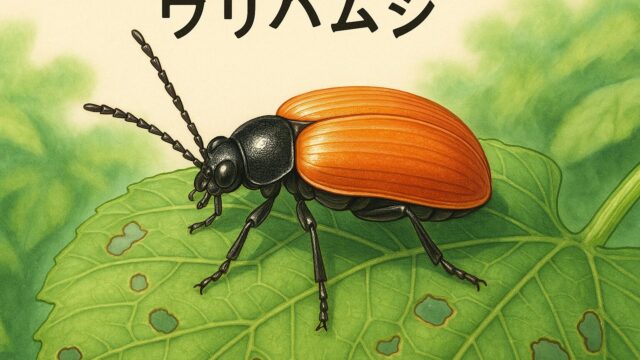 緑の葉の上にとまるウリハムシのリアルなイラスト。橙色の翅と黒い頭部が特徴的に描かれている。