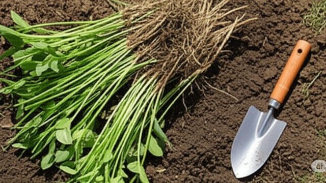 湿った土壌に生える、明るい緑色の栄養茎とタンブラウンの胞子茎を持つスギナの群生。