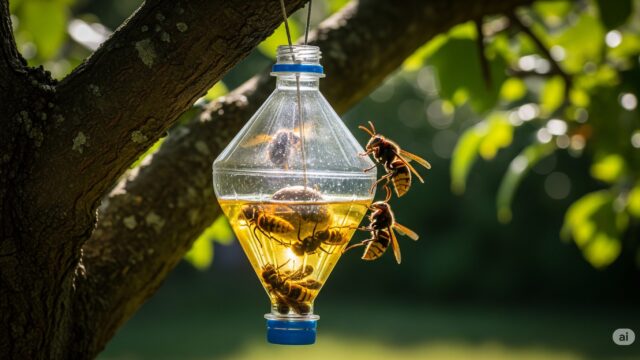 ペットボトルで作られた自家製のスズメバチトラップが木の枝に吊るされており、数匹のスズメバチが罠にかかっています。