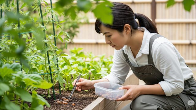 庭でしゃがみ込み、ピンセットを使ってダンゴムシを駆除している日本人女性ガーデナー。彼女のそばには植物でいっぱいの菜園があり、背景には竹製のフェンスが見える。