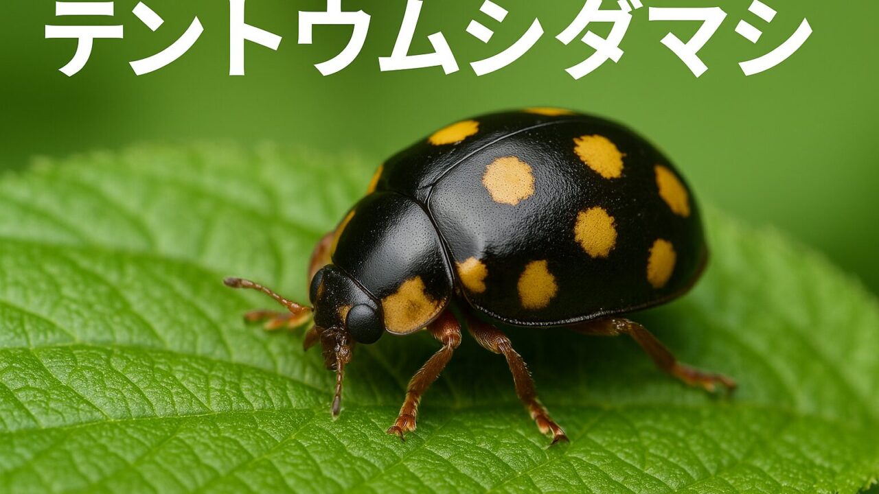 緑の葉の上にいる黒地に黄色い斑点を持つテントウムシダマシの拡大写真。