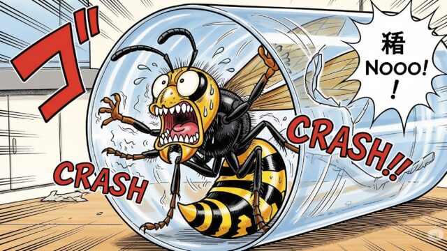 日本の漫画スタイルで描かれた、コミカルなスズメバチがトラップの中でパニックになっているイラスト。