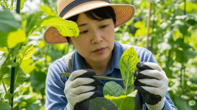 日本の庭で、麦わら帽子をかぶり、長袖のシャツを着て、丈夫な手袋をはめた日本人が、葉っぱの細部にまで気を配りながら、ハモグリバエの幼虫を駆除しています。