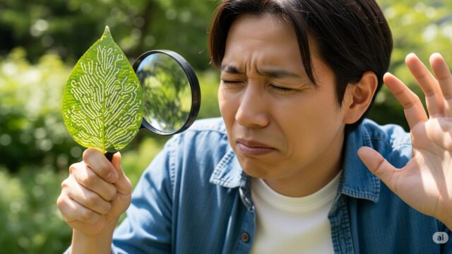 ハモグリバエの食害跡がついた葉っぱを虫眼鏡で見て、嫌な顔をして身を引いている日本人。