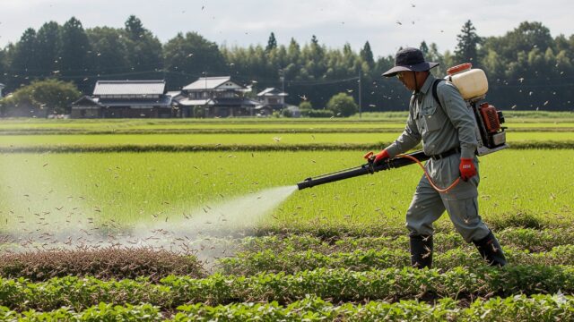 帽子と長袖シャツを着用し、手持ちの殺虫剤噴霧器でバッタの群れを駆除している日本人の写真。
