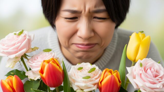 バラやチューリップに付着したアブラムシを見て、嫌気が差している人物の画像。