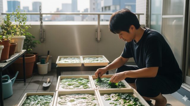ベランダでイシクラゲを栽培している日本の成人男性。