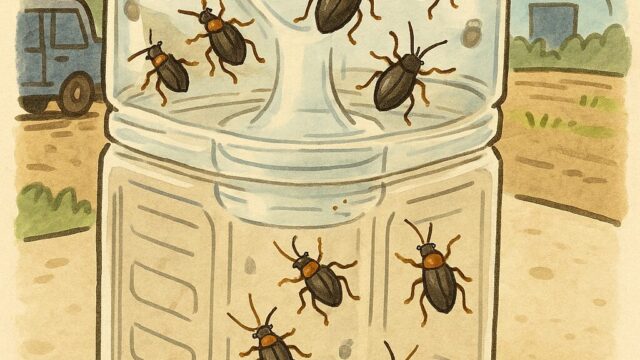 自作のペットボトルトラップにウリハムシが集まる様子を描いた2Dイラスト。自然な背景とともに、家庭菜園や農業での害虫駆除方法を分かりやすく示しています。