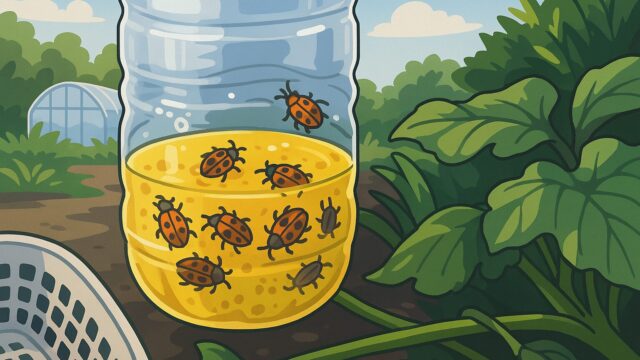 ペットボトルを利用したウリハムシ駆除トラップのイラスト。黄色い液体に誘引されて多数のウリハムシが集まっている様子
