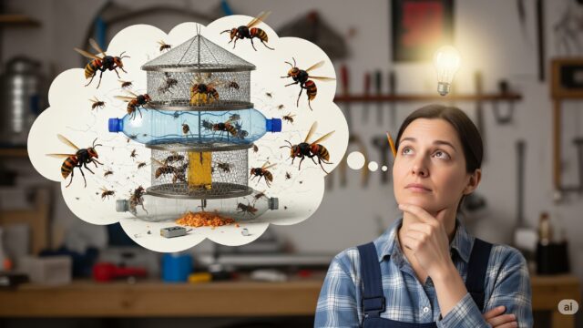 最強のスズメバチトラップを考案している人が、工具や材料に囲まれた場所で、頭上にアイデアの電球が光り、思考の吹き出しに精巧なトラップの図が描かれています。


