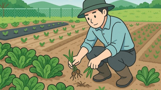 日本人農家が畑で雑草を抜きながら環境を整えている様子のイラスト。背後には整然と並んだ作物と山並みが見える。