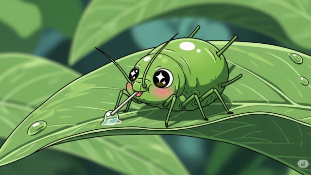 草花を美味しそうに食べている、アニメ風のかわいらしいアブラムシのイラスト。