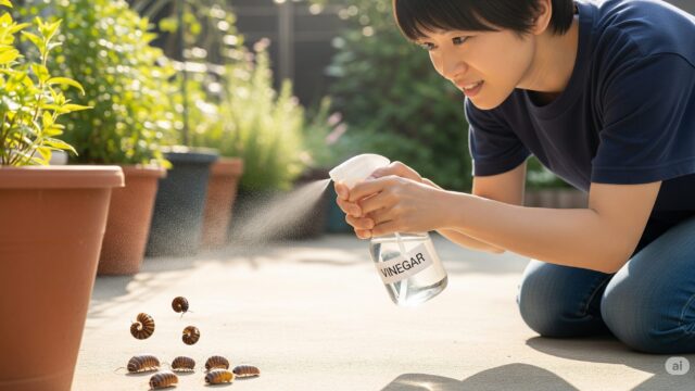 庭でしゃがみ、スプレーボトルを使ってダンゴムシに酢を吹きかけている日本人の画像。