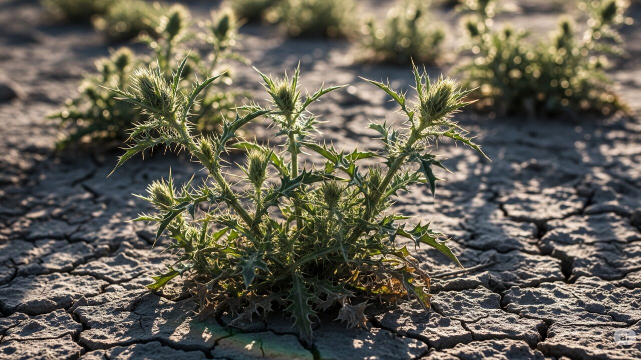 乾燥したひび割れた土壌に生える、茎と葉に鋭いトゲを持つ雑草のクローズアップ画像。太陽の光が長い影を落とし、植物と乾いた地面の険しい質感を際立たせています。アースカラーのパレットで、くすんだ緑、茶色、灰色が支配的です。低いアングルで撮影されており、トゲのある植物の回復力と過酷さを強調しています。