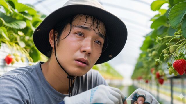 イチゴ農園で、疲れた表情でイチゴを摘む日本人の姿。