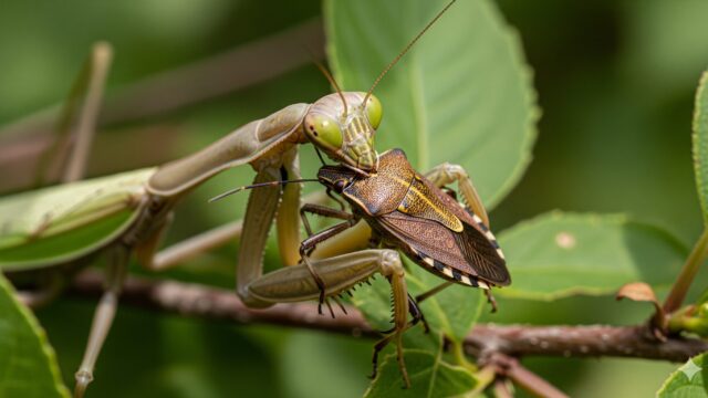 緑の葉の中にいるカマキリがカメムシを捕まえている様子を接写した画像。