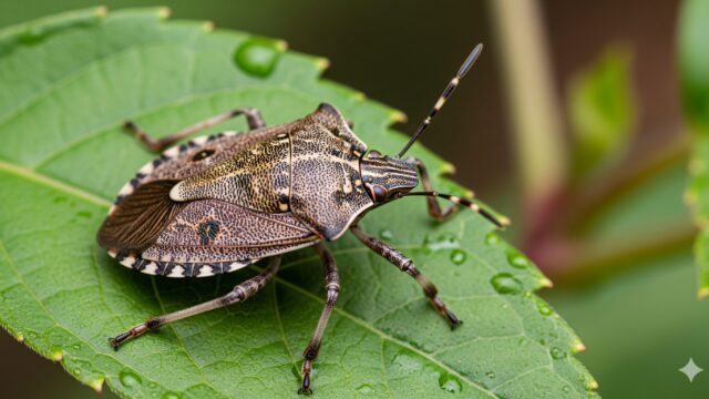 緑の葉に止まっている、茶色、灰色、黒のまだら模様を持つカメムシのマクロ画像。

