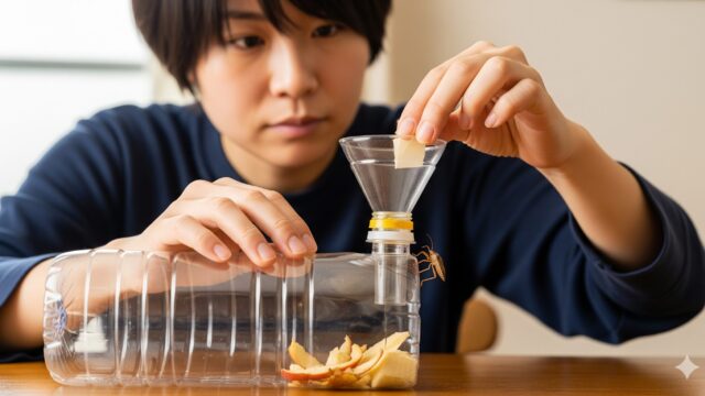 日本人がカメムシを捕獲するための手作りの罠を作っている様子を写した画像