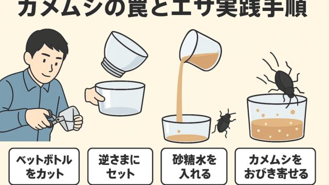 ペットボトルを切って逆さに設置し、砂糖水を入れてカメムシをおびき寄せる流れを説明する日本語の手順イラスト。