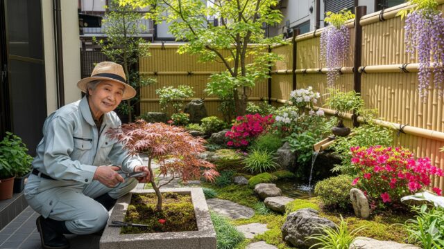 小さな庭で盆栽用のハサミを使ってミニチュアのモミジの木を剪定している、麦わら帽子をかぶった年配の日本人を描いた画像。庭には、ツツジ、シダ、苔むした石、小さな水のオブジェなど、様々な植物が配置されている。