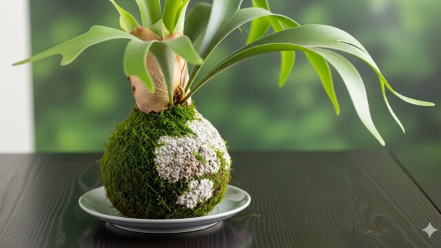 暗い木製のテーブルの上に置かれたコウモリランの苔玉。苔玉には白いふわふわとしたカビが点々と生え、コウモリランの葉は苔玉から印象的に広がっている。