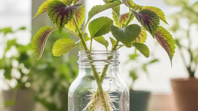 水に挿された数本のコリウスの挿し穂。緑豊かな葉が特徴で、茎からは細い根が伸び始めている