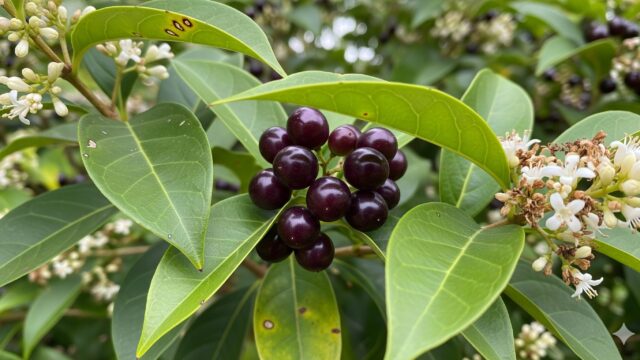 トウネズミモチの木のクローズアップ画像。光沢のある濃い緑の葉の中に、熟した黒紫色の丸い実と、いくつかの白い小さな花が写っている。