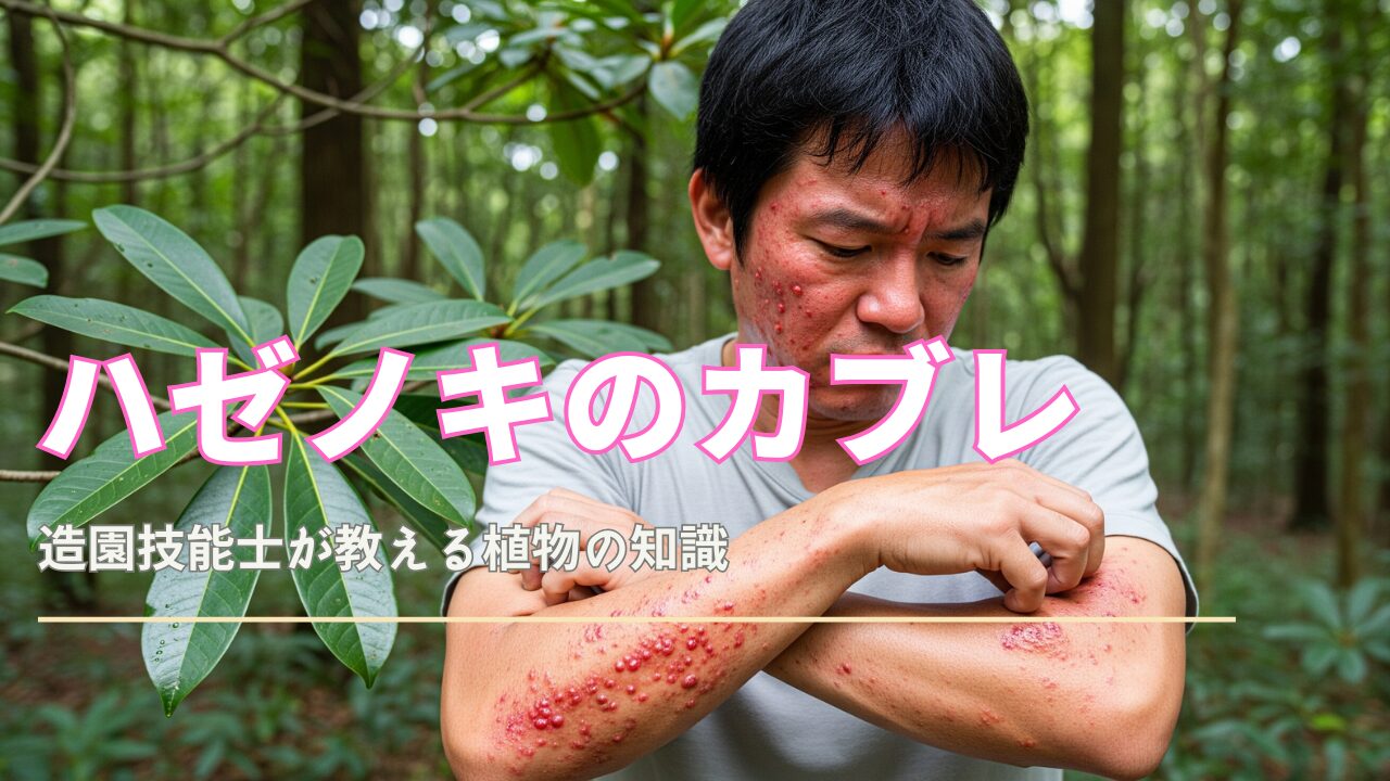 短い黒髪の日本人男性が、ハゼノキによる赤くただれた発疹が顔と腕に広がっている様子。発疹は赤く炎症し、一部は水ぶくれになっている。彼は前腕をかきむしっており、背景にはハゼノキの葉がぼやけて写っている。