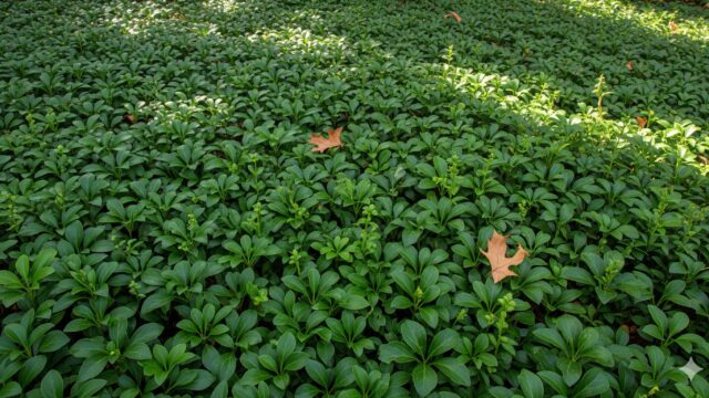 光沢のある濃い緑色の葉を持つフッキソウが地面に密集して生い茂る様子を写したクローズアップ画像。