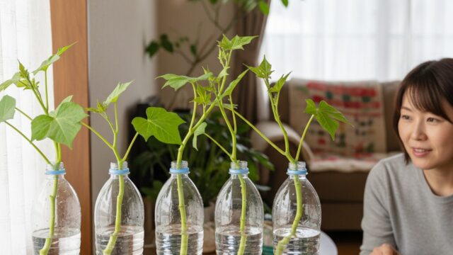 ペットボトルの中で水耕栽培されているサツマイモのつる。部屋の中で越冬している様子。