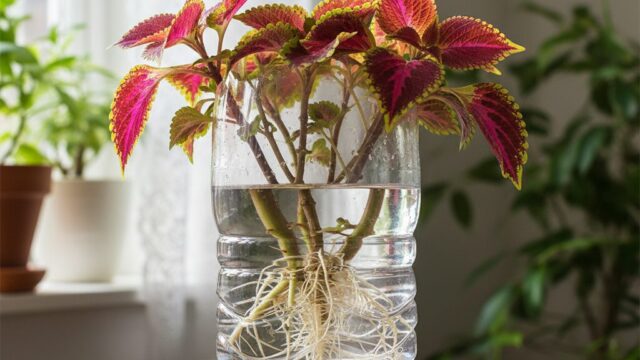 切り取られたペットボトルの中に水とコリウスの挿し穂が数本入れられている。挿し穂の茎からは白い根が伸び始めており、新しい植物が育っていることを示している