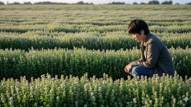 広大なペニーロイヤルミントのグランドカバーの前にひざまずき、げんなりした表情で座っている日本人の人物の後ろ姿の画像。
