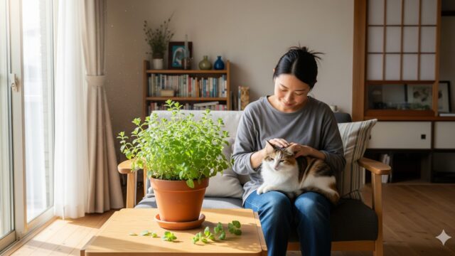 ソファーで猫を撫でている日本人の女性と、近くのテーブルに置かれたペニーロイヤルミントの植木鉢が写っている、陽光が差し込むリビングルームの画像。