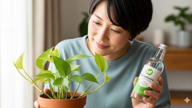 緑の葉が生き生きと茂った観葉植物を、満足そうな笑顔で見つめている日本人の人物の画像。手には植物育成剤のボトルを持っている。