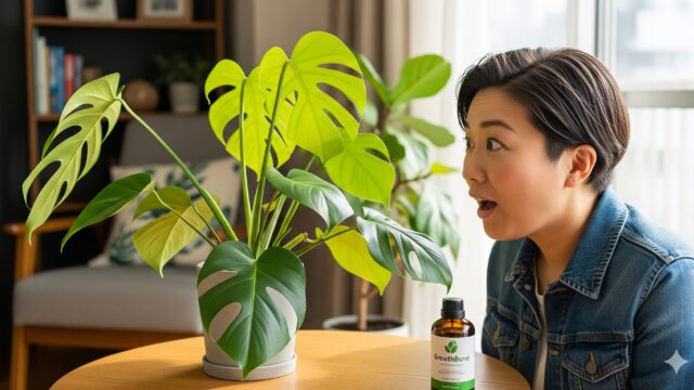 植物育成剤のボトルが近くにある状態で、モンステラの健康的な成長に驚き、感嘆の表情を浮かべる日本人を描いた画像。
