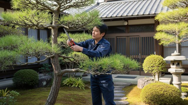伝統的な日本家屋の庭で、木を剪定している日本の造園職人。