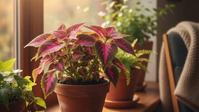 屋内の窓辺に置かれた鉢植えのコリウス。明るい日差しが差し込む中で、鮮やかな葉の模様が見える。背景には他の観葉植物もぼんやりと写っている。