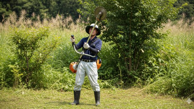 草刈り機を腰より高い位置、胸の高さで危険な使い方をしている日本人の人物の画像。