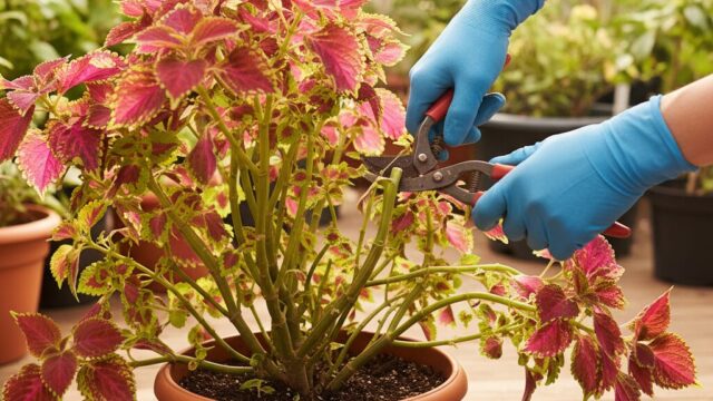 手袋をはめた手が、大きく育ちすぎたコリウスの茎を剪定ばさみで切っている。株は豊かに茂っており、切り落とされた葉がいくつか見える。 