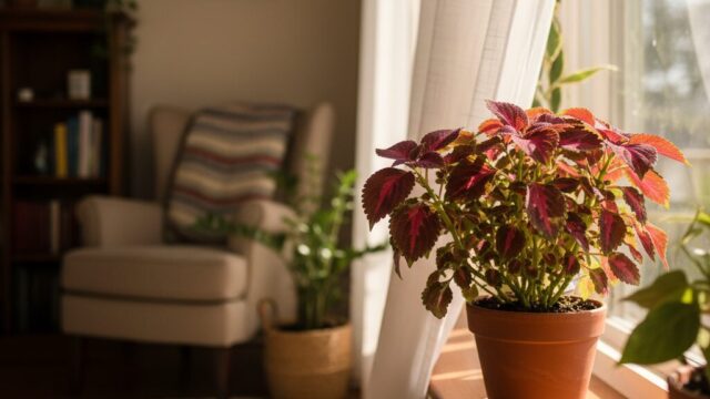 リビングの窓際で、暖かく管理されている鉢植えのコリウス。深みのある赤と緑の葉が特徴的で、背景にはカーテンと明るい窓が見える。