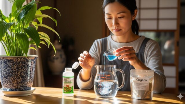 日当たりの良い部屋で、液体の植物栄養剤を水差しに入れ、植物に与えるための希釈液を準備している人物の画像。