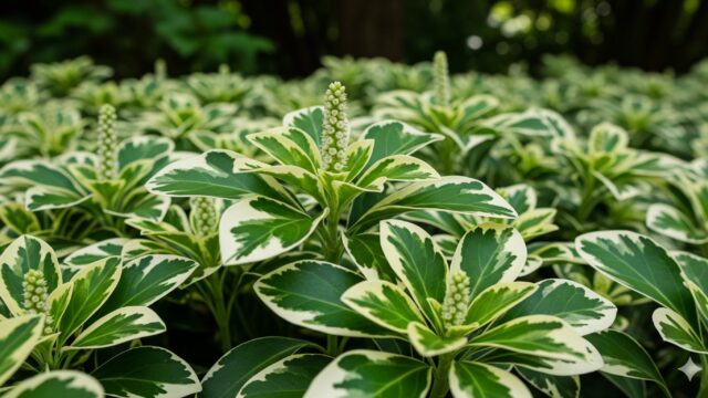 光沢のある濃い緑色とクリーミーな白色の葉を持つ斑入りのフッキソウが密集して生い茂る様子を写したクローズアップ画像。