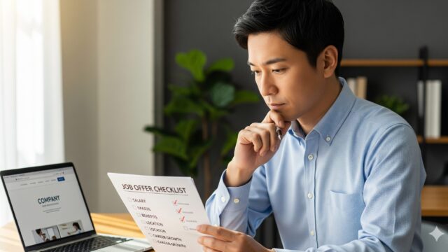 真剣な表情で求人選びのチェックリストを見つめる日本人の姿。