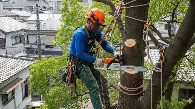 住宅地の高い木の上で、ヘルメットやハーネスなどの安全装備を着用し、チェーンソーを使って枝を伐採している日本人男性。